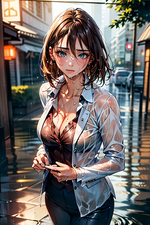 (masterpiece:1.2, highest quality), (Realistic, photoRealistic:1.4), Beautiful illustrations, (Natural Side Lighting, Cinema Lighting),
Observe the audience, Face Focus, Upper Body, 1 female, Japanese, Perfect Face, Perfect body, Symmetrical cute face, Glowing Skin, , Big Breasts:1.4, Hair between the eyes, Emerald green eyes, Captivating thighs, thin,
Beautiful Hair, Beautiful Face, thin and beautiful eyes, Beautiful clavicle, Beautiful body, Beautiful breasts, Beautiful thighs, Beautiful feet, Beautiful fingers, Are standing,(masterpiece:1.2, highest quality), (Realistic, photoRealistic:1.4), Beautiful illustrations, 1 female, Japanese, ((Brown Hair, Medium Hair:1.5, Wet Hair:1.4)), blown 髪, bangs, 髪 between eyes, Big Breasts,
beautiful 髪, Beautiful Face, Beautiful and detailed, Beautiful clavicle, Beautiful body, Beautiful breasts, Beautiful thighs, Beautiful feet, Beautiful fingers,
((Suit jacket, pants suit:1.6, Collared shirt)), ((Rainy Street:1.4, look up, be hit by rain:1.6, close your eyes)), Overhead Shot:1.6