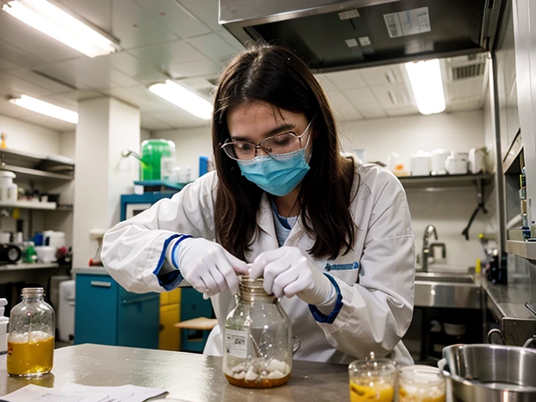 Create a realistic picture that is presented with the laboratory works. Worker are asian men wear safety protective equipment, white long-sleeved laboratory coats, blue masks, white head coverings and transparent glasses. Worker is observing chemical solution in the bakerglass and also observing bacteria in a microscope. The background is a laboratory room which looks clean and orderly. There are various analytical equipment such as burret, distillator, microwave oven, desiccator, flask, fumehood, autoclave, and spindle flocculator test jar.