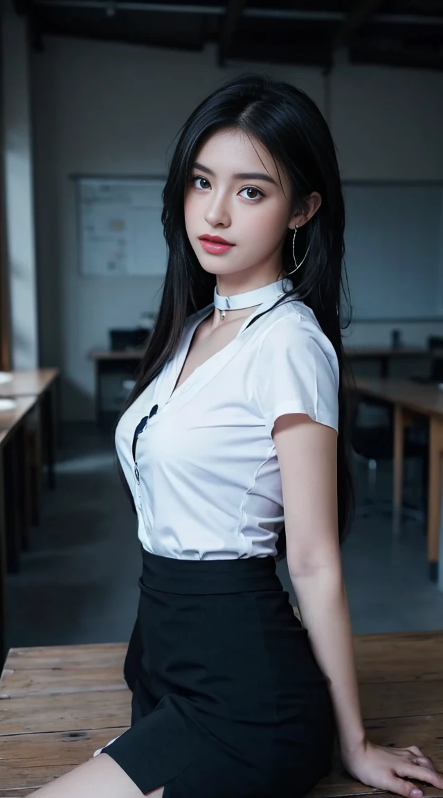 (Masterpiece, best quality, alone, รายละเอียดที่complex, Chromatic aberration), realistic, ((Moderate breath)), hair in one eye,purple eyes, Round hoop earrings 8 cm., sharp eyes, choker, (symmetrical eyes),(Perfect symmetrical body),Photo of a beautiful 21 year old age girl,(fit the body), Beautiful and charming with contemporary fashion paintings as well., looking at the audience, ((In the background classrooms total 200 seats.)), (black short skirt), (Wear a white, fitted, short-sleeved shirt., Unbuttoning the buttons, Revealing a little breast..), ((Covered with a short-sleeved blue doctor's shirt that fits snugly.)),((A short black pencil skirt with a deep slit on the side..)), sugar belt, ((Put your hands down.)),Blue blonde hair, Bob, long hair, Lateral smoothness,round chin, Art lens 85mm, Sharp focus, High resolution 8K, Crazy details, complex, elegant,sitting on the study table Lift one leg to eye level., legs slightly apart.,dynamic gesture,Small