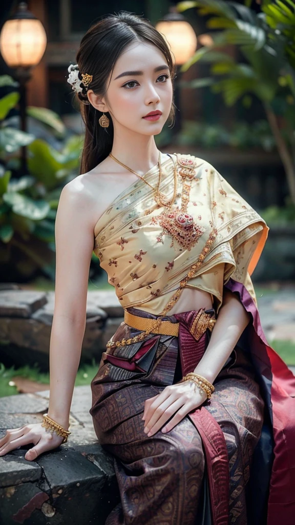 (raw photos:1.2), (realistic:1.4), (Masterpiece:1.3), (best quality:1.4), Ultra high resolution, (Detailed eyes), (Detailed facial features), (Detailed clothing features), HDR, 8K resolution, Focus only, Dressing according to Thai tradition, Strapless, Thai female warrior, Tabengman, 1 woman , big breasts, A gigantic rift, big breastsดันเสื้อผ้า, big breast, The breasts are fully grown.., Make your breasts bigger.., small waist, Long legs, Facing the audience, Full body, depth of field, Cinema-grade lighting system, big breasts,  Your breasts are too big for your body., Revealing a flat stomach, The lower half of the chest can be seen.., sexy sitting position, Sitting on a palanquin, Image from a very low angle, holding an ancient sword