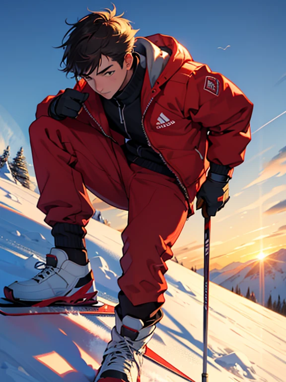 masterpiece, best quality, male focus, 1boy, 16 years old, wearing red colour themed ski jackets and ski pants, skiing down the expert level slope, in Hakuba, golden hours