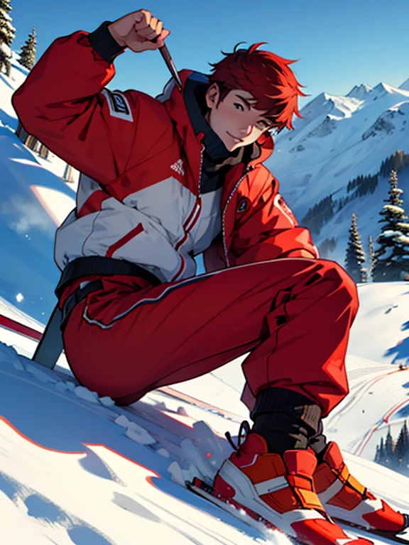  masterpiece, best quality, male focus, 1boy, 16 years old, wearing red colour themed ski jackets and ski pants, skiing down the expert level slope, in Hakuba, golden hours