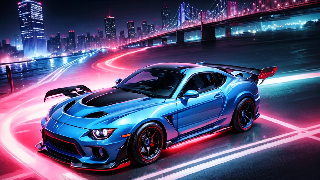 Anime girl high quality, blue hair, blue eyes, Japanese wearing, with dodge srt demon car, neon night city