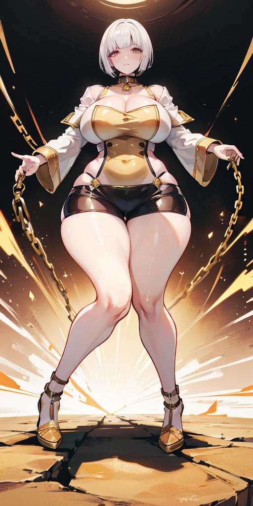 White short bob haircut hair, pinched eyes, (big:1.5) thin legs, thin body, leather collar, full body, view from below, looking to the viewer, wide hips, thicc, golden handcuffs handcuffed, golden shackles
