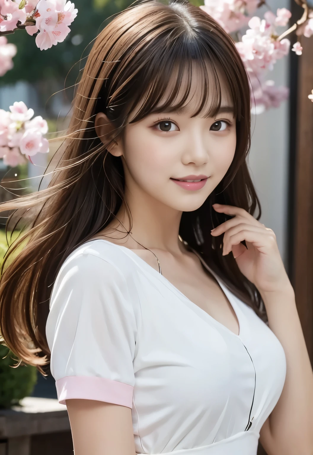 masterpiece, best quality:1.1), (8k, raw photo, photo realistic:1.2, f22), (shiny skin), detailed skin,long hair,detailed face, detailed eyes,smile,BREAK, real world, intricate details, smil, BREAK, 1girl, full body,(white,short sleeves dress)BREAK, (pink flower:1.4), BREAK