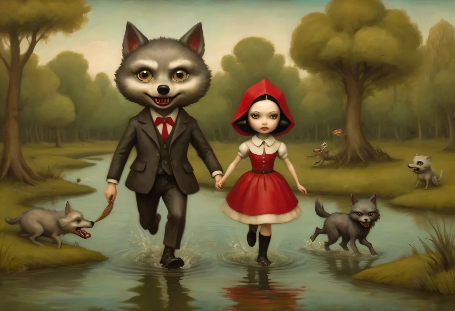 a painting on craft paper in the style of artist Mark Ryden, A quiet fabulous swamp, a cheerful gray wolf running away from Little Red Riding Hood, running through the water of a quiet swamp, chasing a gray wolf, Tim Burton Style, inspired by Henri Julien Félix Rousseau, comedy, comicality:1.4, comical chase, full compliance with the style of Mark Ryden, high resolution, Mark Ryden Style page