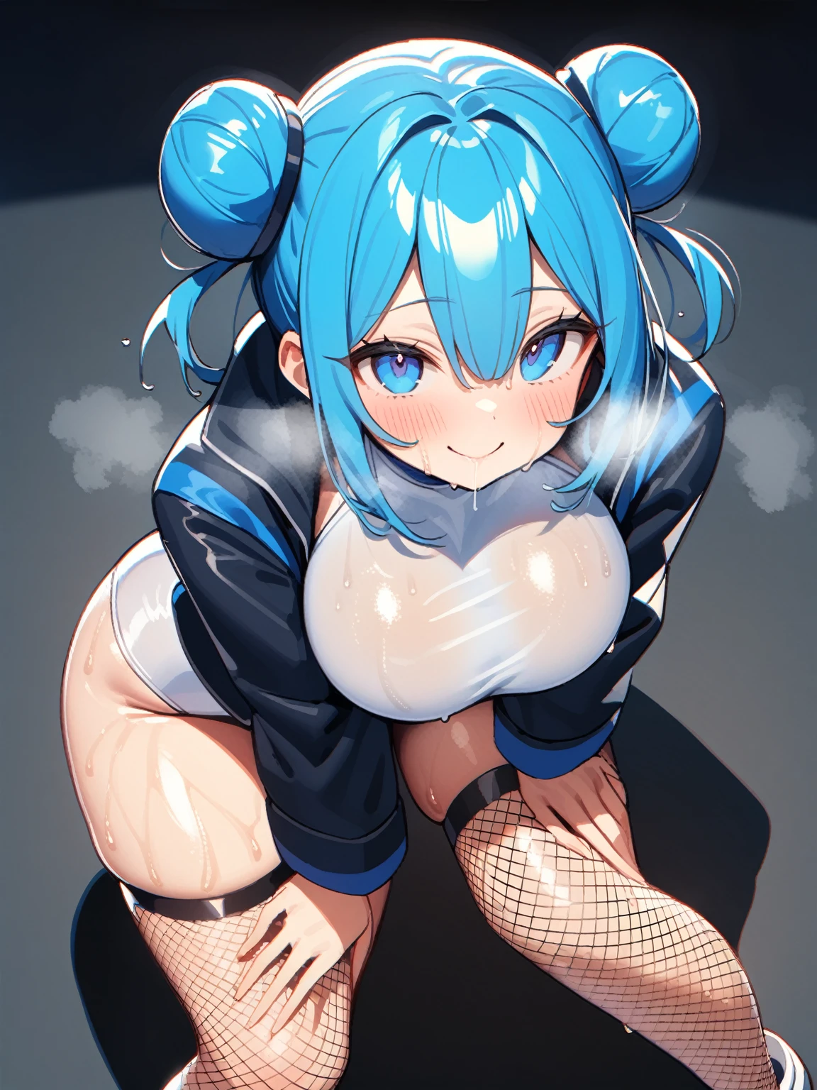((lillaslf1), blue hair, double bun,shortcut twintail hair blue eyes, (white:2.0) (leotard:1.5), black straps, oversized blue jacket, (fishnet thighhighs,) (white shoes,)Shiny glossy high leg leotard,Closed mouth,Heavy breathing,saliva, sweat, Sweaty and wet all over,gigantic breast,Smile,((A pose where you lean forward with your hands on your knees)),from above