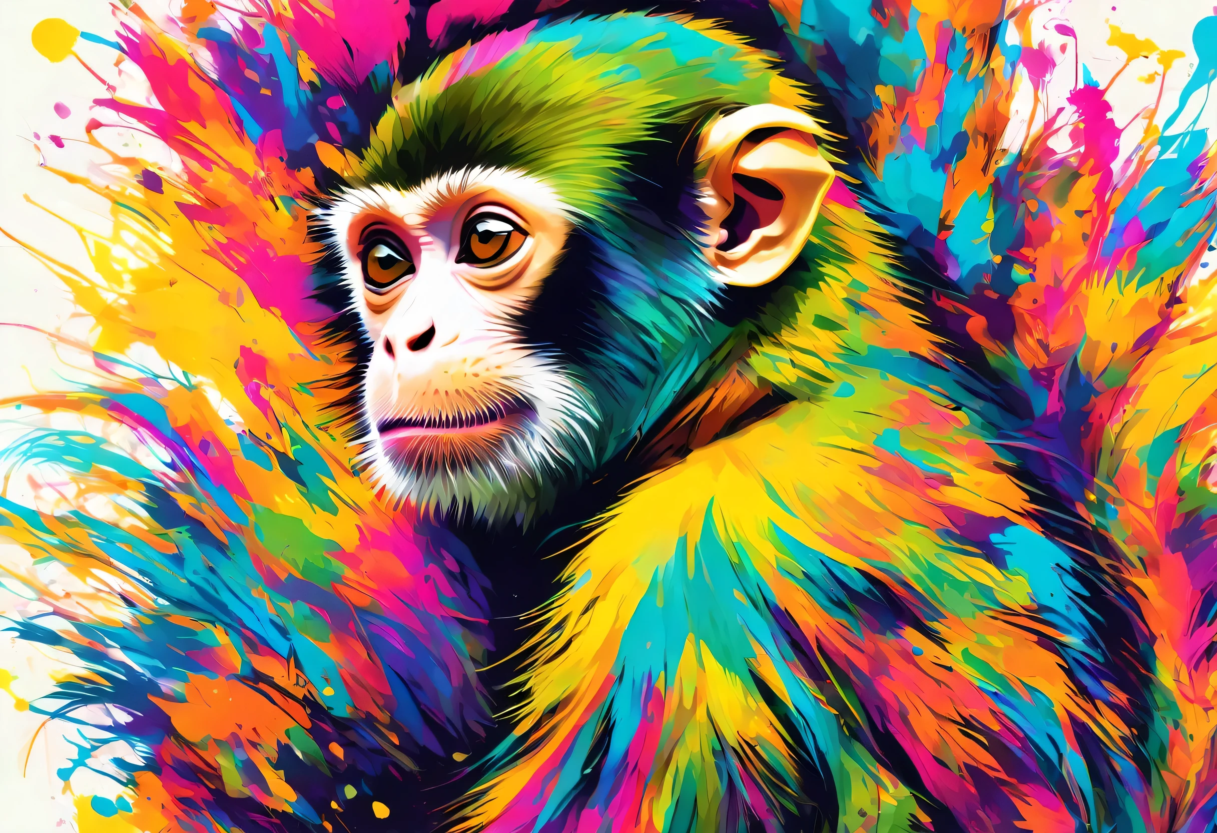 A Squirrel Monkey with colorful paint on its whole body and leaves, vector art:Zahari Zograf, Trending on Pexels, psychedelic art, Rich in color and detail, A complex and colorful masterpiece, art:Alessandro Pautasso, very complex and colorful, colorful hd images, A colorful and intricate masterpiece, High quality HD digital art, great digital art, very colorful