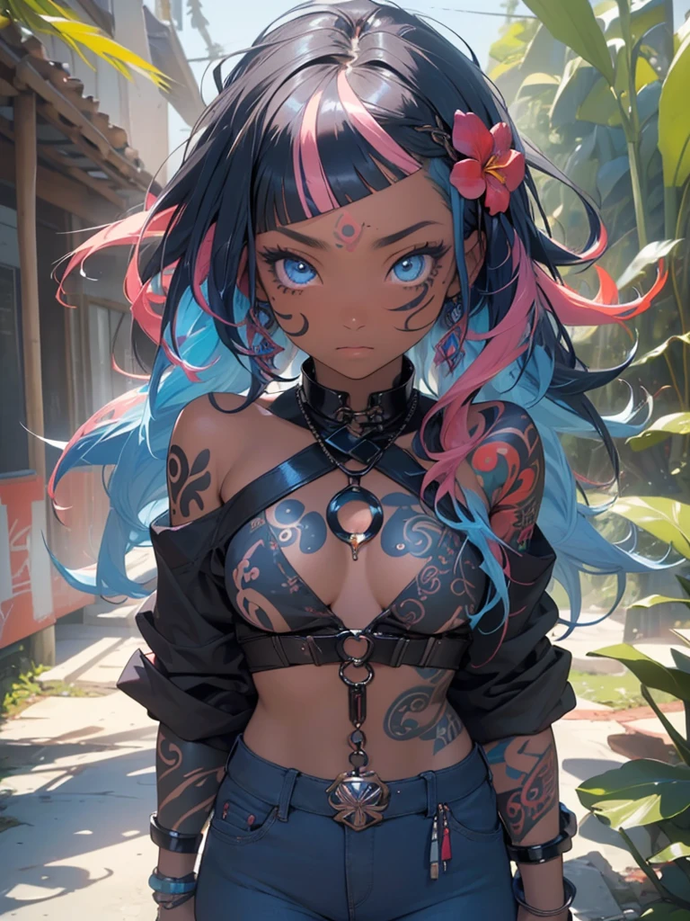 (best quarity,ultra detailed,ultra-high-resolution, absolutely resolution,8k, masterpiece), 20 years old,very-cute-and-beautiful-anime-girl,highly-detailed-face-and-eyes,(full-body:1.4),(dark_skin:1.3),(tribal_tatoo:1.2),(Glossy Oceania Accessories:1.5),(wavy hairs),(messy hair),(asymmetry bangs),(multicolored hair),(blue eyes:1.3),(short-pants-bikini),deep-jungle,toropical flowers,