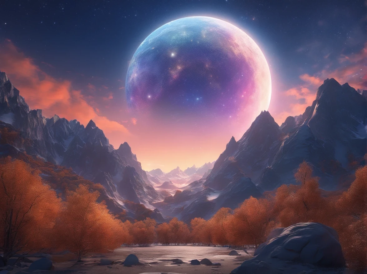 (masterpiece, highest quality, highest quality, Official Art)constellation、Starry Sky、universe、moon、milky way、Mountains in China、Galaxy、mysterious、Glowing effect、Explosion of light、