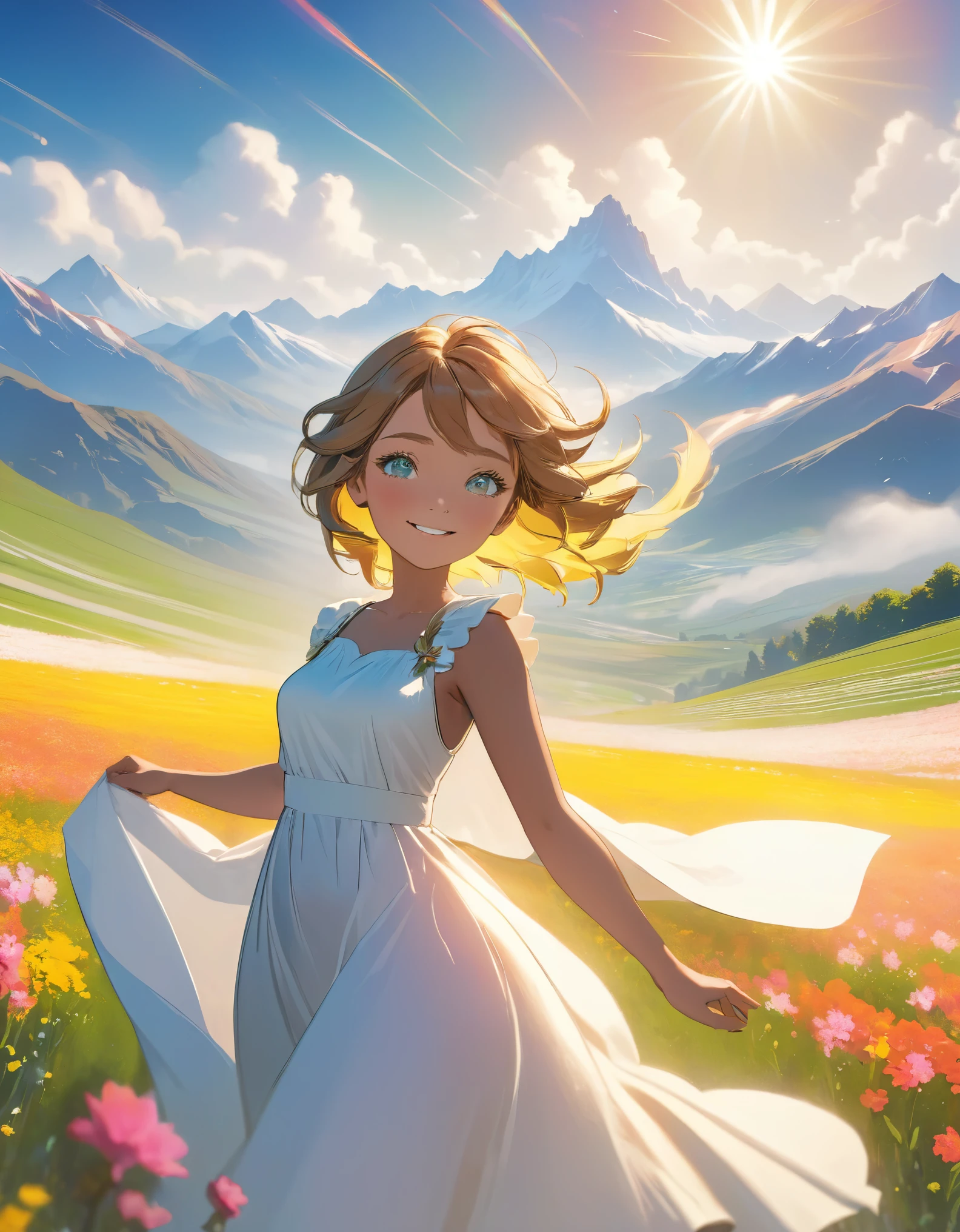 One girl, Dynamic Angle, Clouds and mountains, (Flower Field:1.4) In the foreground, White Dress, Light Tracing, (Floating colorful wind:1) (Realistic:1.4), Official Art, unity 8k wallpaper, Super detailed, beautifully、aesthetic, masterpiece,highest quality, Glowing Skin, Cinema Lighting, A light smile