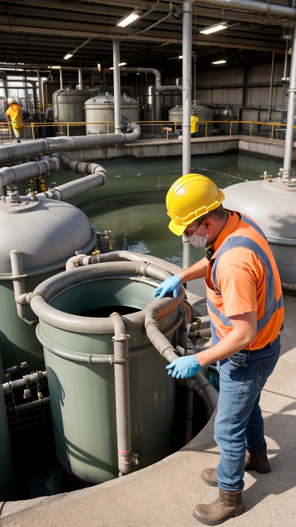 create a realistic picture presented with a male technical worker. workers use safety protective equipment such as orange helmets, yellow vests, brown boots, blue wearpacks, polarized safety goggles. workers are repairing centrifugal pumps and water pipes as the foreground, and in the background are wastewater treatment ponds and large tanks.