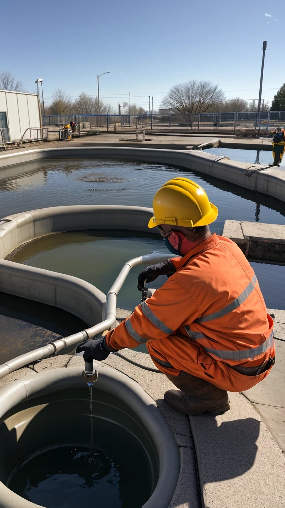 create a realistic picture presented with a male technical worker. workers use safety protective equipment such as orange helmets, yellow vests, brown boots, blue wearpacks, polarized safety goggles. workers are repairing centrifugal pumps and water pipes as the foreground, and in the background are wastewater treatment ponds and large tanks.