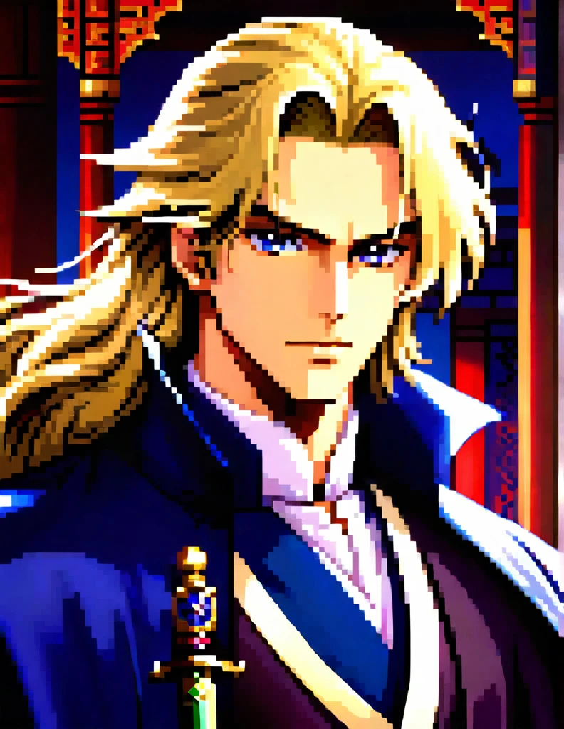 /imagine prompt:
color photo of a physically young man with long blond hair. He stands tall and exudes an air of elegance and mystery. His eyes are a striking shade of deep blue, reflecting both intelligence and determination. He has a strong jawline and a chiseled face, giving him a captivating and alluring appearance. His long blond hair cascades down his back in soft waves, adding to his ethereal charm.
His attire is reminiscent of the 18th-century style, inspired by Castlevania: Symphony of the Night. He wears a black jacket with side seams held together by four square brooches running vertically down, adding a touch of sophistication to his ensemble. A belt cinches at his waist, accentuating his slender figure. Around his neck, he wears a large white cravat, adding a regal touch to his attire.
Over the jacket, he dons a long overcoat with a decorative pattern, the fabric flowing gracefully as he moves. The overcoat adds a sense of drama and mystery to his overall look. Completing his outfit, he wears a cape reminiscent of Bela Lugosi, draping elegantly over his shoulders, billowing in the wind as if he's ready to embark on a grand adventure.
In his hand, he holds the Sword, a treasured family heirloom passed down from his mother. The sword gleams with a polished silver blade and a hilt adorned with intricate engravings. It reflects his skill and proficiency in combat, ready to be wielded with grace and precision.
The image is rendered in a Bishōnen artistic style, capturing the character's beauty and allure. The colors are vibrant and rich, enhancing the details of his attire and features. The background sets the scene in a mysterious and enchanting world, with hints of ancient architecture and swirling mist. The overall composition evokes a sense of adventure and intrigue.
—c 10 —ar 2:3