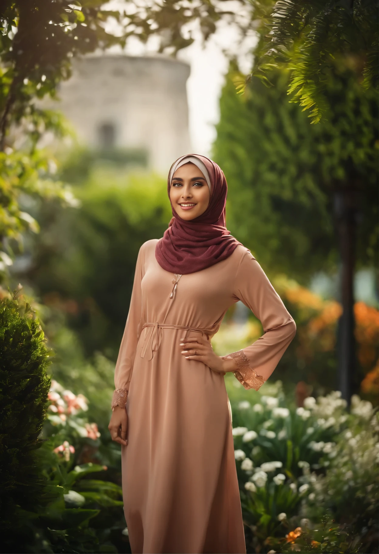 RAW, Best quality, high resolution, masterpiece: 1.3), beautiful Malay woman in hijab,Masterpiece, perfect slim fit body, (Huge breasts), big gorgeous eyes, Soft smile, Delicate turtleneck print sun dress, necklace, shairband, afternoon walk, City garden, Excellent lighting, Bright colors, Clean lines