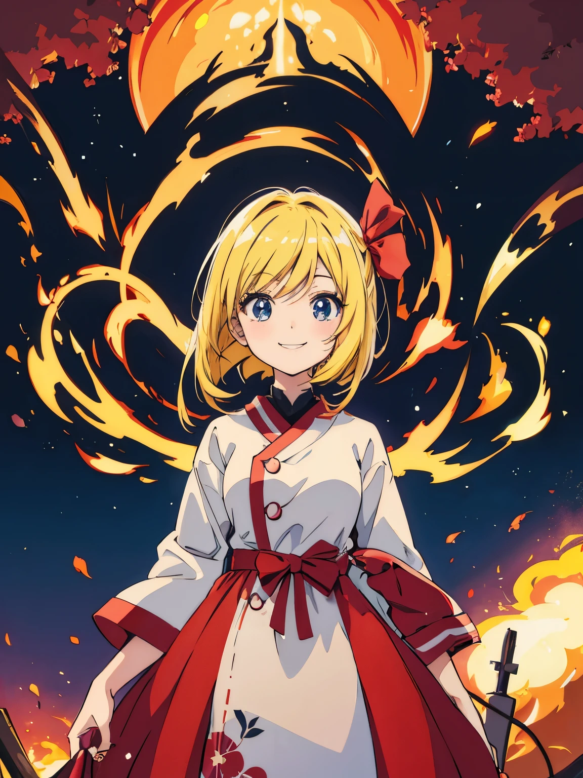 kawaii anime girl standing and smiling in front of fire with blonde bob hair and a hair ribbon in anime