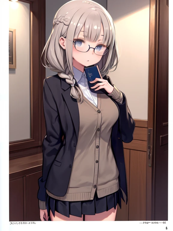 (8k, RAW Photos, High sensitivity, highest quality, Very fine hair, masterpiece, Ultra-high resolution, Faithfulness: 1.25) 、thin frame glasses, front, Double Braid, Parted bangs, One girl, , Dark grey cardigan jacket, Dark grey blazer, Pleated skirt, Checked skirt, Grey blonde hair, Big Breasts, gold round frame glasses, read, Shy and timid girl, avert your eyes, holding a book,