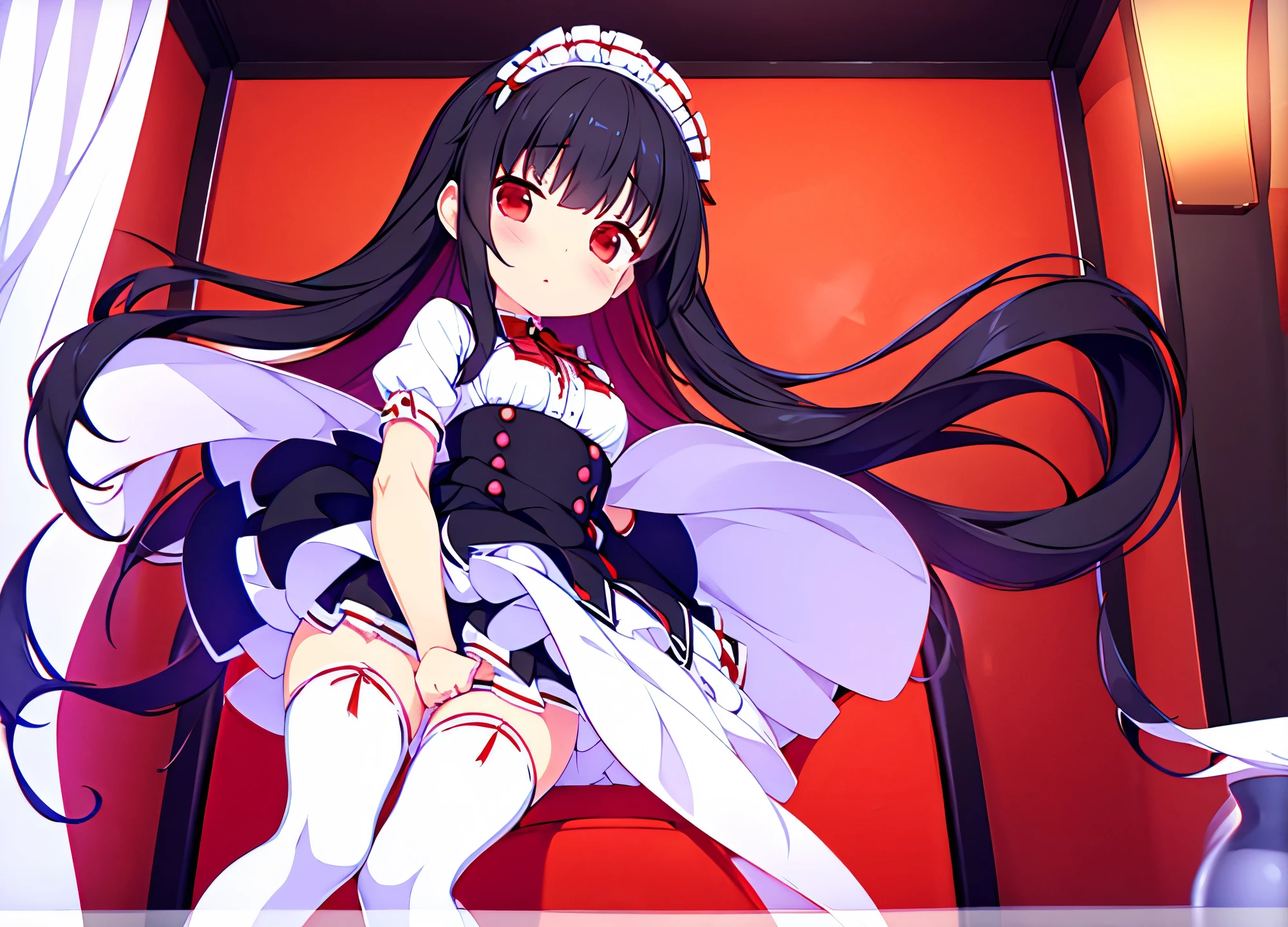 Great quality 8k beautiful masterpiece perfect anatomy 1 girl black hair red eyes in black maid uniform short skirt with white and white stockings in red details small breasts en habitación luces neon