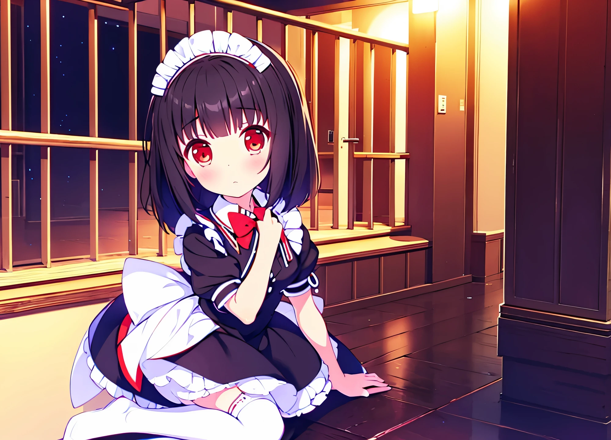 Great quality 8k beautiful masterpiece perfect anatomy 1 girl black hair red eyes in black maid uniform short skirt with white and white stockings in red details small breasts en habitación luces neon 