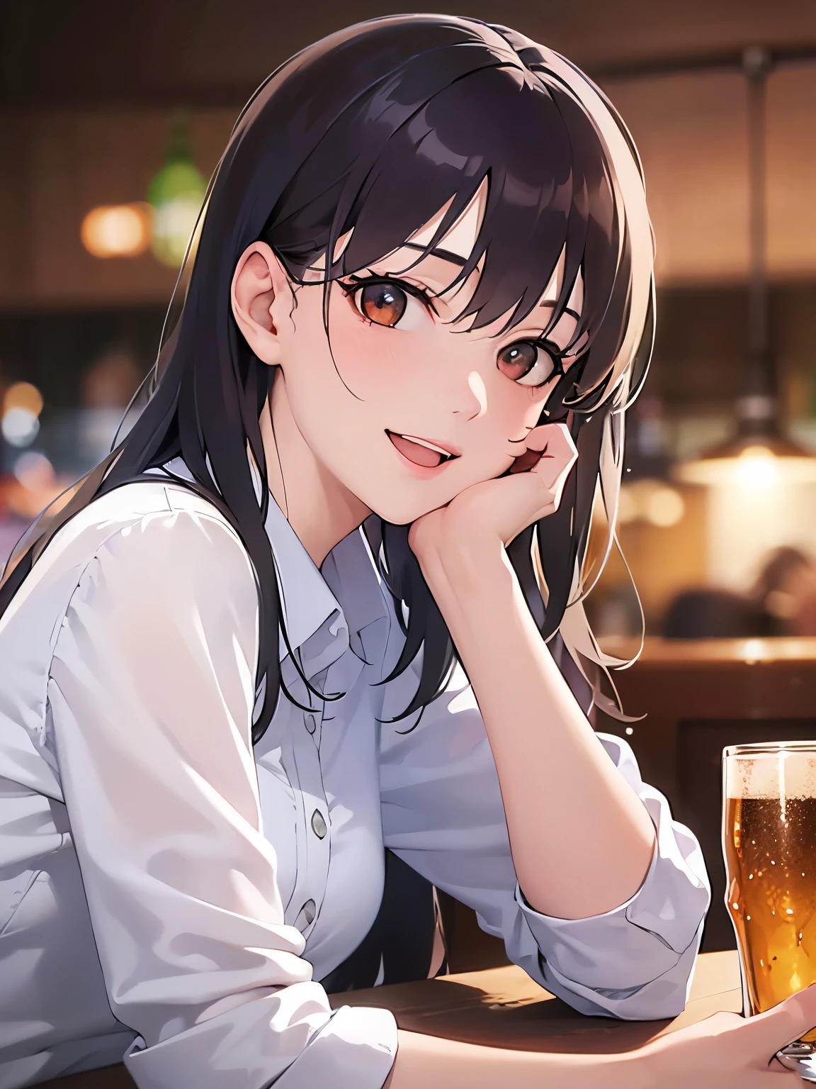lookin at viewer,upper Body, head rest,
Realistic, real person, (pale skin: 1.2), RAW photo, photorealistic, shiny skin, shiny hair、 (A 25-year-old woman with bob hair and bangs:1.5) and (wavy hair) and (brown hair) and (Orange Eyes)、
(business suit:1.5)and (Wearing a white collared shirt)、
smile,The background is the interior of an izakaya at night.、Sitting,Drinking beer