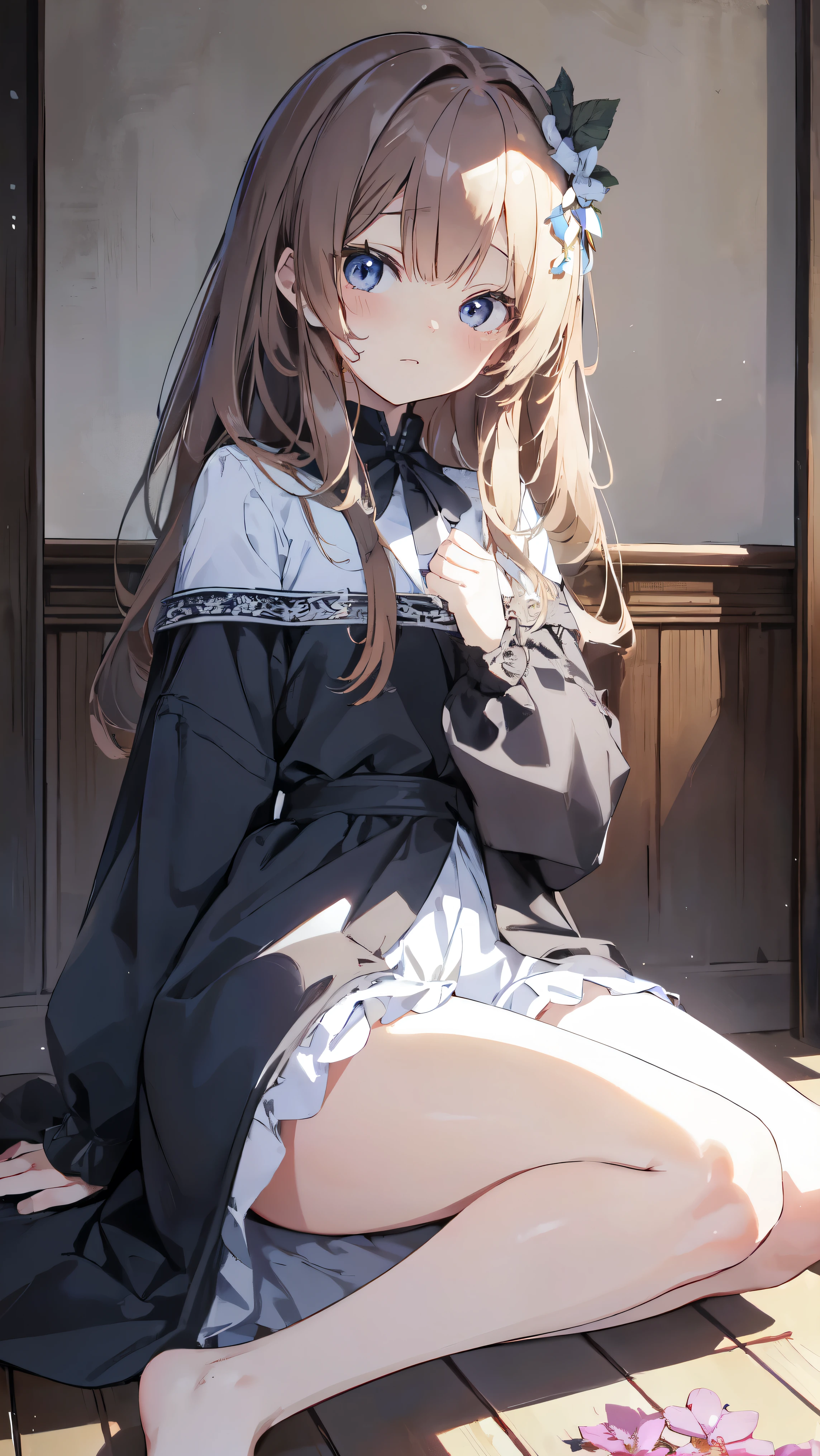 highest quality, masterpiece, High resolution, (Head to Toe full body), front, frontやや下からの構図, Symmetric, 18 year old tall girl, alone, (Head to Toe), (Small breasts), Unkempt brown hair, bangs, (black tights), (Black Pantyhose), (Sit with your legs apart), (Crouching pose), (Composition depicting white panties), (Her legs were spread、I see your white pants.), (I was made to sit on the floor with my legs spread...), (M-shaped feet), Thin legs, A very beautiful and tall 18 year old girl, (No shoes), blush, Shy big eyes, Looking at the camera, Blazer uniform, Checkered Pleated Skirt