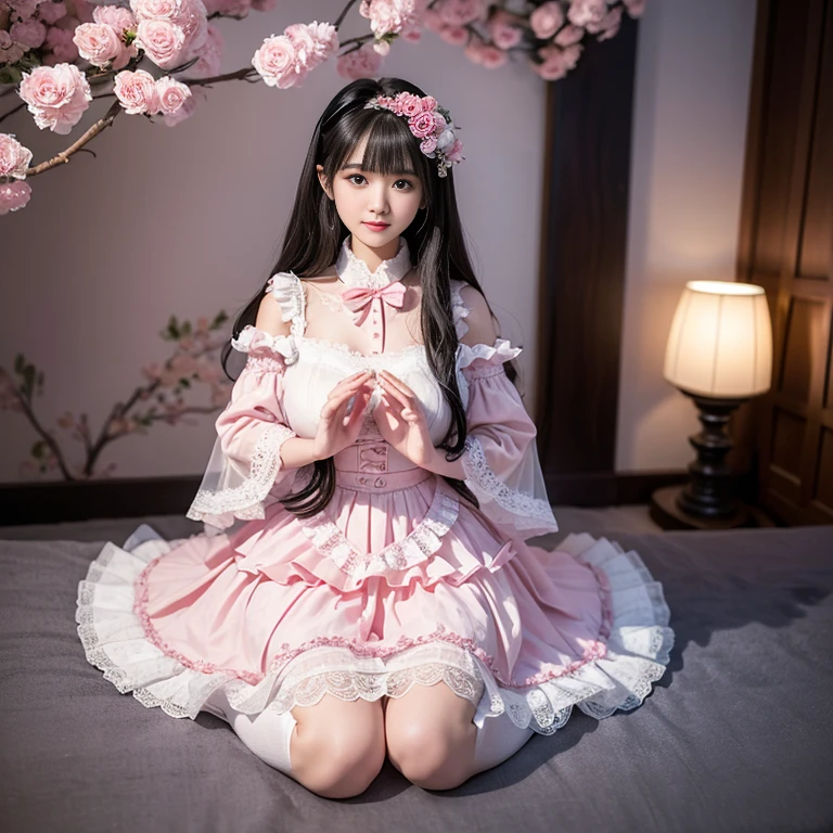 best quality, Delicate face,beautiful visual work,lifelike,1 girl, eternity, Black Hair, Long curly hair, Bangs, Smile, Pink skirt, Pink dress, layered skirt, Lolityle long skirt,分層連衣裙 Lace-trimmed 裙子, decorate, Lace, Long sleeve, Puff sleeves, Wide sleeves, Transparent sleeves, Hair accessories, 在flower园里, flower, Detailed background, Delicate face,pink blush,White knee socks, Pink shoes,cold,Lots of Lace,((masterpiece))、(top quality)、8k、High Detail、Ultra Detailed,21 years old female,穿着Pink loli dreDreamy atmosphere:1.1))、Seductive and whimsical style、masterpiece、born、Scenes resembling fairy tale illustrations、Intricate details showcase the ruffles and intricate designs of the Lolita dresse、magic、capricious、 fine、Dreamy aesthetics、「art itself、ethereal、charming、fickle、magic」、realism、Visual effect、FXAA、SSAO、shader、voiceless、Ambient Lighting、Tone Mapping、high resolution、Ultra HD、Million pixels、(8k resolution:1.10)、8k、Below 8k、8k resolution、High Detail、Intricate details, (high quality:1.2、masterpiece:1.2、:1.21)、(21 years old female:1.21)、(興奮地Smile)、(Surrounded by the Dreamy atmosphere、High heel、Model Diagram,Half-length photo,Knee-high 白色的 Lace socks,Sweet Lolita,Normal 2 ,Pink shoes,Baotou shoes,Hair accessories,Don't show your fingers,lolita cake dress,Thnd layer skirt,Every layer has Lace,The skirt has a hem,cold,Huge breasts,Hands on hips,Wide cuffs cover hands,Close-up of face