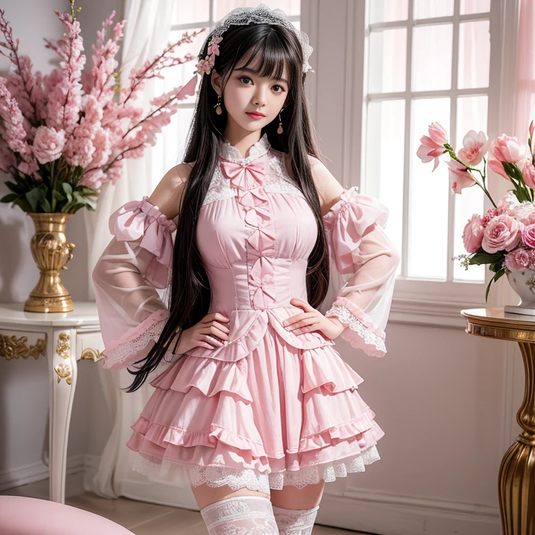 best quality, Delicate face,beautiful visual work,lifelike,1 girl, eternity, Black Hair, Long curly hair, Bangs, Smile, Pink skirt, Pink loli dress, layered skirt, Lolita style long skirt,分層連衣裙 Lace-trimmed 裙子, decorate, Lace, Long sleeve, Puff sleeves, Wide sleeves, Transparent sleeves, Hair accessories, 在flower园里, flower, Detailed background, Delicate face,pink blush,White knee socks, Pink shoes,cold,Lots of Lace,((masterpiece))、(top quality)、8k、High Detail、Ultra Detailed,21 years old female,穿着Pink loli dress((Dreamy atmosphere:1.1))、Seductive and whimsical style、masterpiece、born、Scenes resembling fairy tale illustrations、Intricate details showcase the ruffles and intricate designs of the Lolita dress、fine、magic、capricious、 fine、Dreamy aesthetics、「art itself、ethereal、charming、fickle、magic」、realism、Visual effect、FXAA、SSAO、shader、voiceless、Ambient Lighting、Tone Mapping、high resolution、Ultra HD、Million pixels、(8k resolution:1.10)、8k、Below 8k、8k resolution、High Detail、Intricate details, (high quality:1.2、masterpiece:1.2、:1.21)、(21 years old female:1.21)、(興奮地Smile)、(Surrounded by the Dreamy atmosphere、High heel、Model Diagram,Half-length photo,Knee-high 白色的 Lace socks,Sweet Lolita,Normal 2 feet,Pink shoes,Baotou shoes,Hair accessories,Don't show your fingers,lolita cake dress,Thousand layer skirt,Every layer has Lace,The skirt has a hem,cold,Huge breasts,Hands on hips,Wide cuffs cover hands,Close-up of face