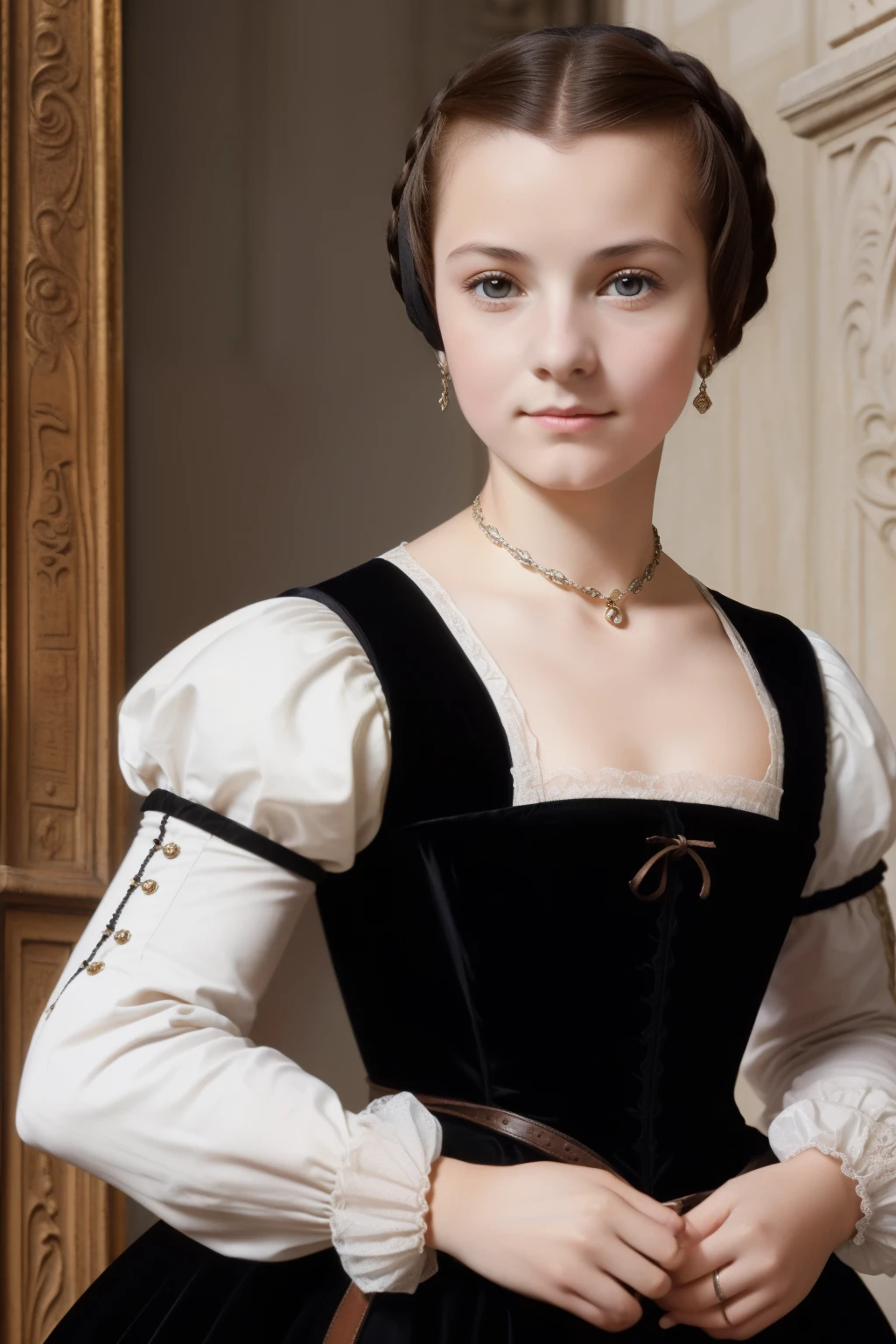 Paris, 1559. A young ((((18-year-old)) Sylvie Palot)), courageous, resilient, determined, ((((simple clothings from the 1550s)))), ((black hairstyle of the 1550s)), colorful, realistic