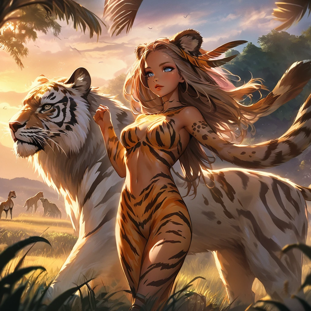 envision a 8k, highres, cinematic, beautiful full body Pinup of a cute furry female anthro, with a slender muscular body, short sleek blonde hair, long bangs, yellow eyes, Orange and White Fur, Tiger Stripes, ((((1 Girl)))), ((Flora Twokinds)), in dark lighting, against a dark gray background