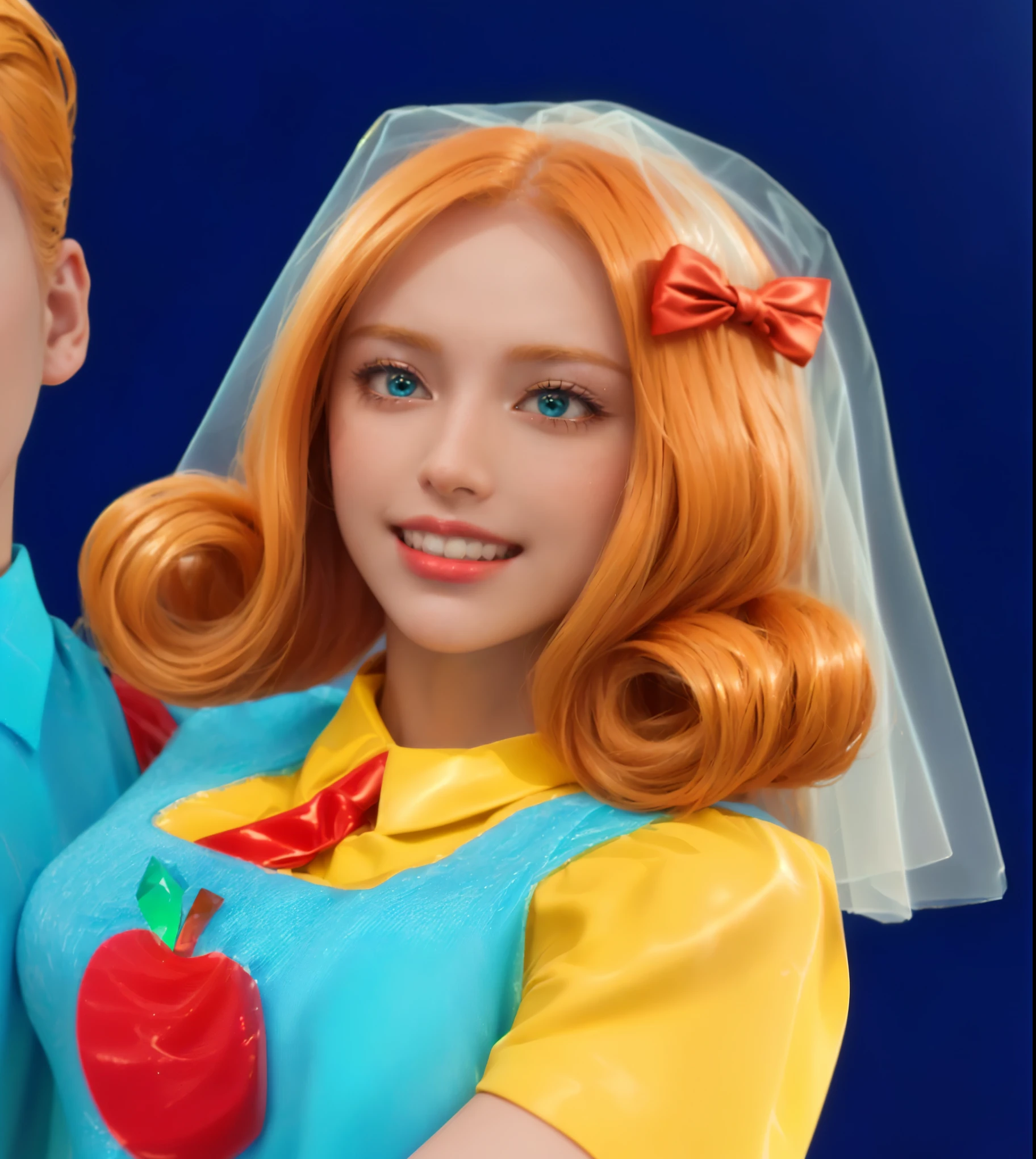 they are dressed up as a couple for a wedding, promotional art, advertising photo, slide show, promotional photo, promotional image, A man with orange hair holds a woman with red hair. They are both dressed in bright clothing. she is wearing a veil, glossy texture, smooth 3d model, multiple light sources, rim light, sharp post effects render, (glossy plastic texture with multiple big light probe refractions), perfect cgi, smooth silhouette, high intensity refraction, (super glossy material), most beautiful vfx, blue background, plastic refractions, realistic, 4k, high resolution, rim light, photo shoot, commercial photo, profile shot, 4k, rim light, high resolution, 4k, glossy texture, smooth 3d model, multiple light sources, rim light, sharp post effects render, (glossy metallic texture with multiple big light probe refractions),
