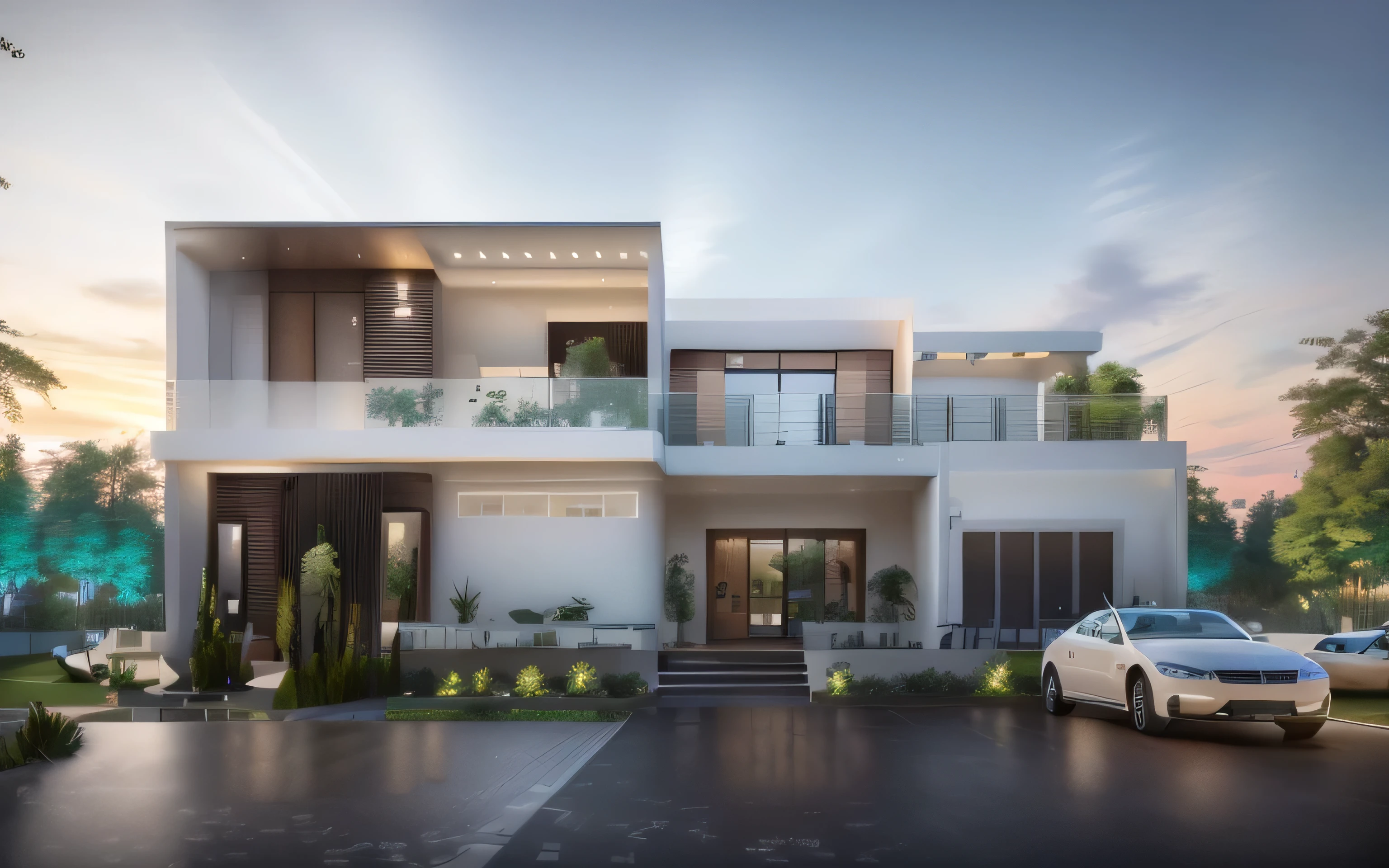 a rendering of a modern house , Contemporary House, Overall architectural design, modern house, Exterior design, large modern residence, concept house, modern neo traditional, realistic architecture, modern style, Modern Architectural Design, Realistic style, Realistic 3D style, architectural rendering, modern neo traditional minimalist, Housing design, one house, Somboon House,Parking, balcony , deck , The limestone hill behind,4K,FULL