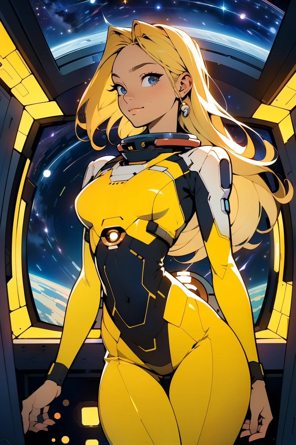(masterpiece, best quality:1.2), (cowboy shot:1.1), solo, 1girl, mori yuki, slight smile, closed mouth, nearly frontal view, looking at viewer, blonde hair, long hair, thigh gap, yellow bodysuit, skin-tight, perfect body, large window, (starship porthole:1.3), (spread legs:1.0), (standing:1.1), thigh gap, sensual pose, sideview, perfect hands, bright starship interior, (outer space view:1.1), (orbital view:1.3), (night, stary sky:1.5), milky way