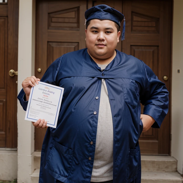 Chubby man wear graduation clothes with GPA Cumlaude