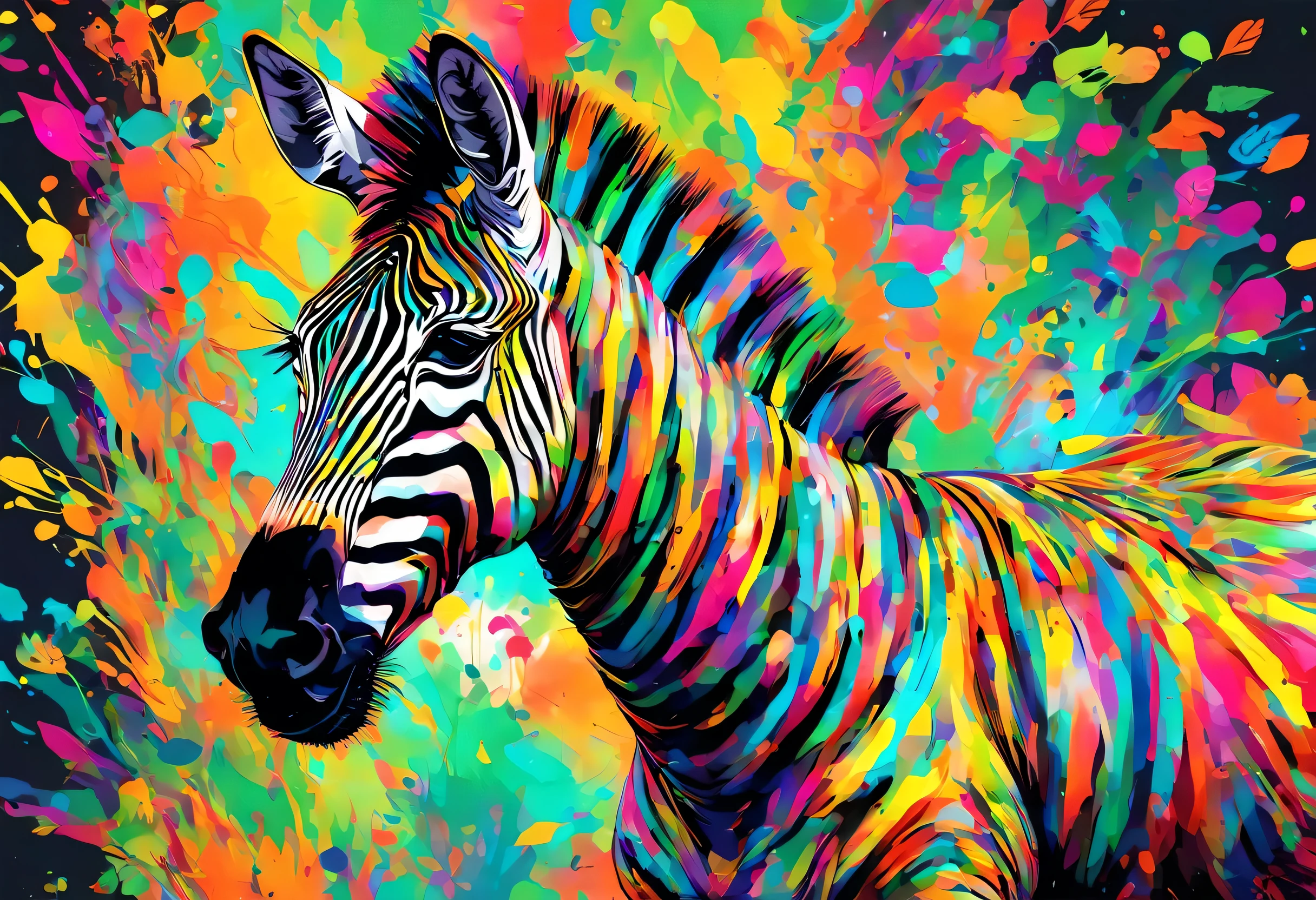 A Zebra with colorful paint on its face and leaves, vector art:Zahari Zograf, Trending on Pexels, psychedelic art, Rich in color and detail, A complex and colorful masterpiece, art:Alessandro Pautasso, very complex and colorful, colorful hd images, A colorful and intricate masterpiece, High quality HD digital art, great digital art, very colorful