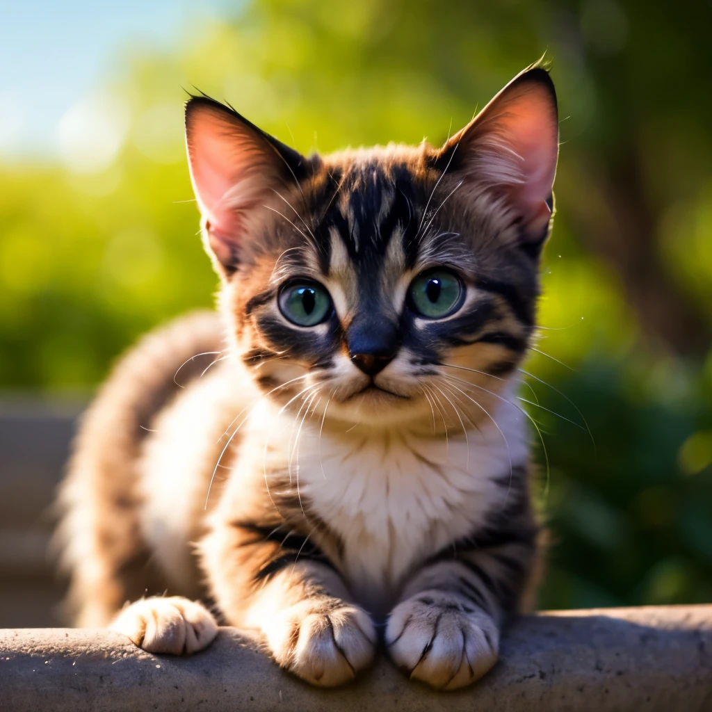 Glass kitten, The blurred background is a landscape, sun, Detailed brilliance, Grin, cute