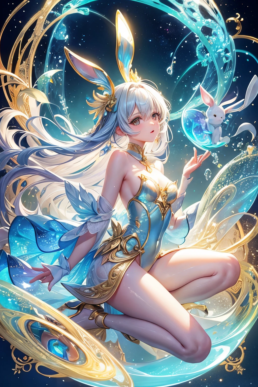 long white hair,Radiant and silky skin,Float freely in a white backless cheongsam,Ethereal,An existence like a mysterious flower fairy。