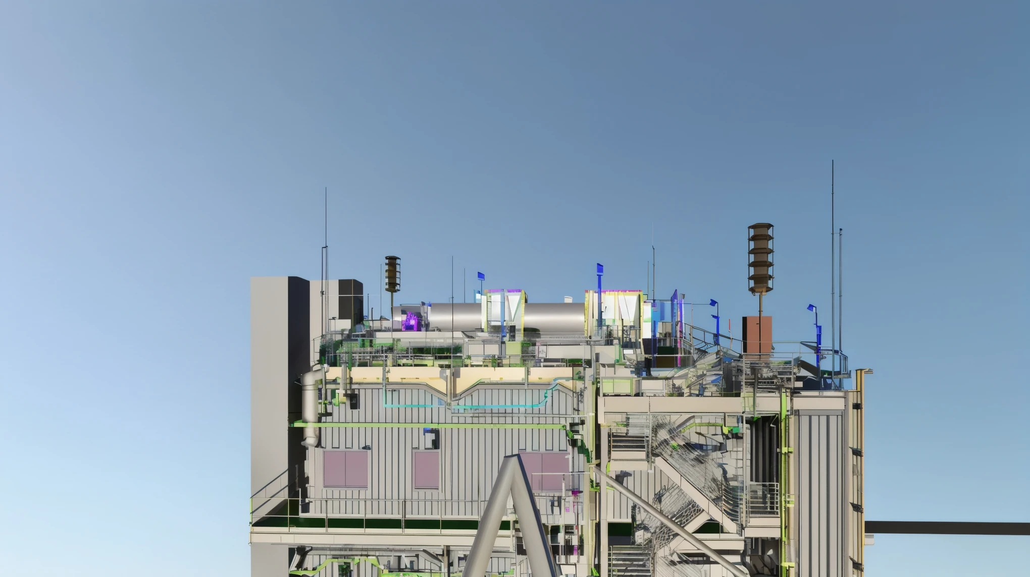 there is a computer generated image of a building with a staircase, industrial plant environment, chemical plant, highly detailed model, detailed rendering, render, rendered, d render, detailed factory, futuristic production facility, detail render, digital model, complex 3 d render, complex 3d render, 3d rendered, 3 d rendered, 3d rendered model, high detailed