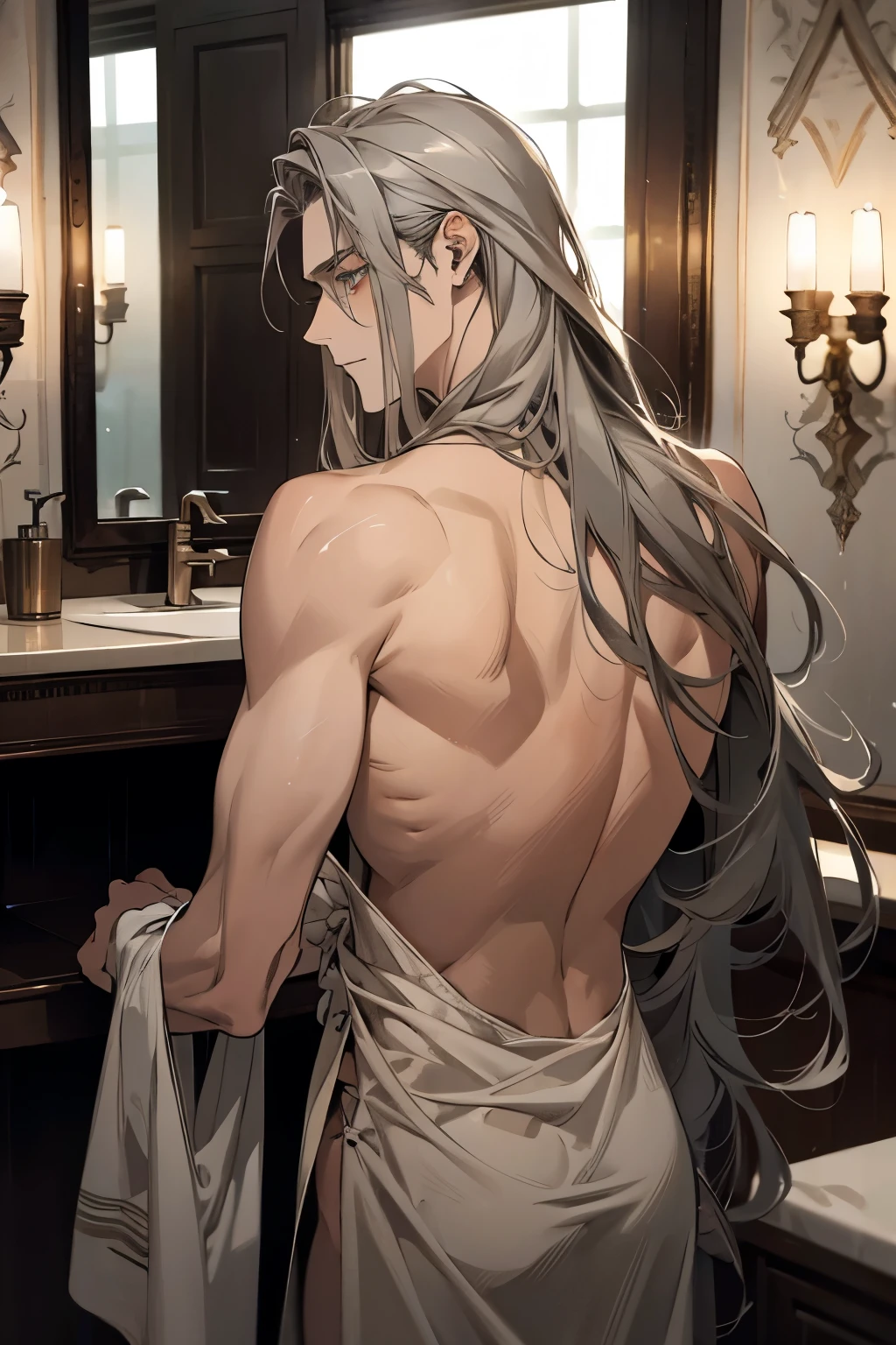 Gray long hair,long hair,Green eyes,earring,individual,A grown man,Back,Bare back,handsome guy,European Room,bathroom,Wet,whole body