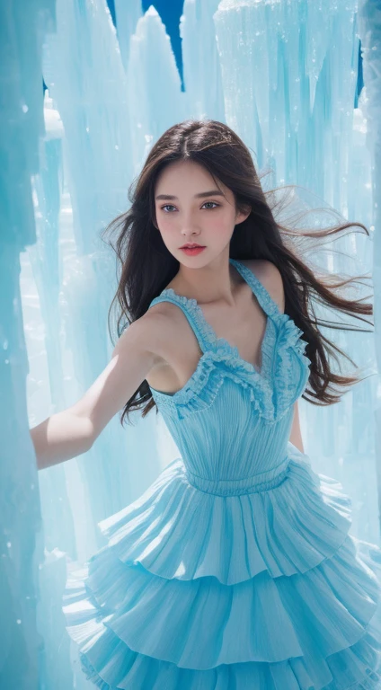 Super exquisite illustrations, Extremely cute and beautiful，Girl in perfect shape, underwear,Very detailed and beautiful face and eyes, Look at the audience, Cowboy shooting, Beautiful long hair, Solitary, Dynamic Angle, Beautifully detailed ruffled ice skirt, Ice castle in the background, Blue tint