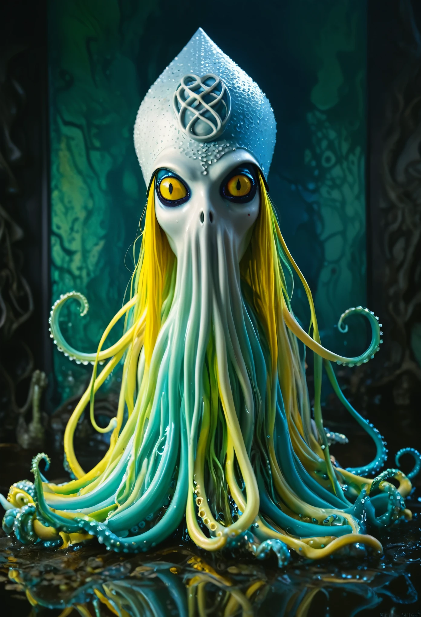 8K, ARTISTIC photogrAphy, best quAlity, mAsterpiece: 1.2), A (potrAit:1.2)  witch BLOOD Toon Doll Cthulhu nun QUEEN, EYES, CYAN many octopus style tentacles, full body RAW candid cinema, yellow hair, 16mm, color graded portra 400 film, remarkable color, ultra realistic, sad admosphere, dark lighting, oppressive atmosphere, depressive colors, kodak portra 400, photograph,r, Natural Light, Pinhead lighgts, blur reflection, Brush Strokes, Smooth, abstract, Splatter, Oil On Canvas, rainbow colors, fractal isometrics details bioluminescens : a stunning realistic photograph of wet bone structure, 3d render, octane render, intricately detailed, titanium decorative headdress, cinematic, trending on artstation | Isometric | Centered