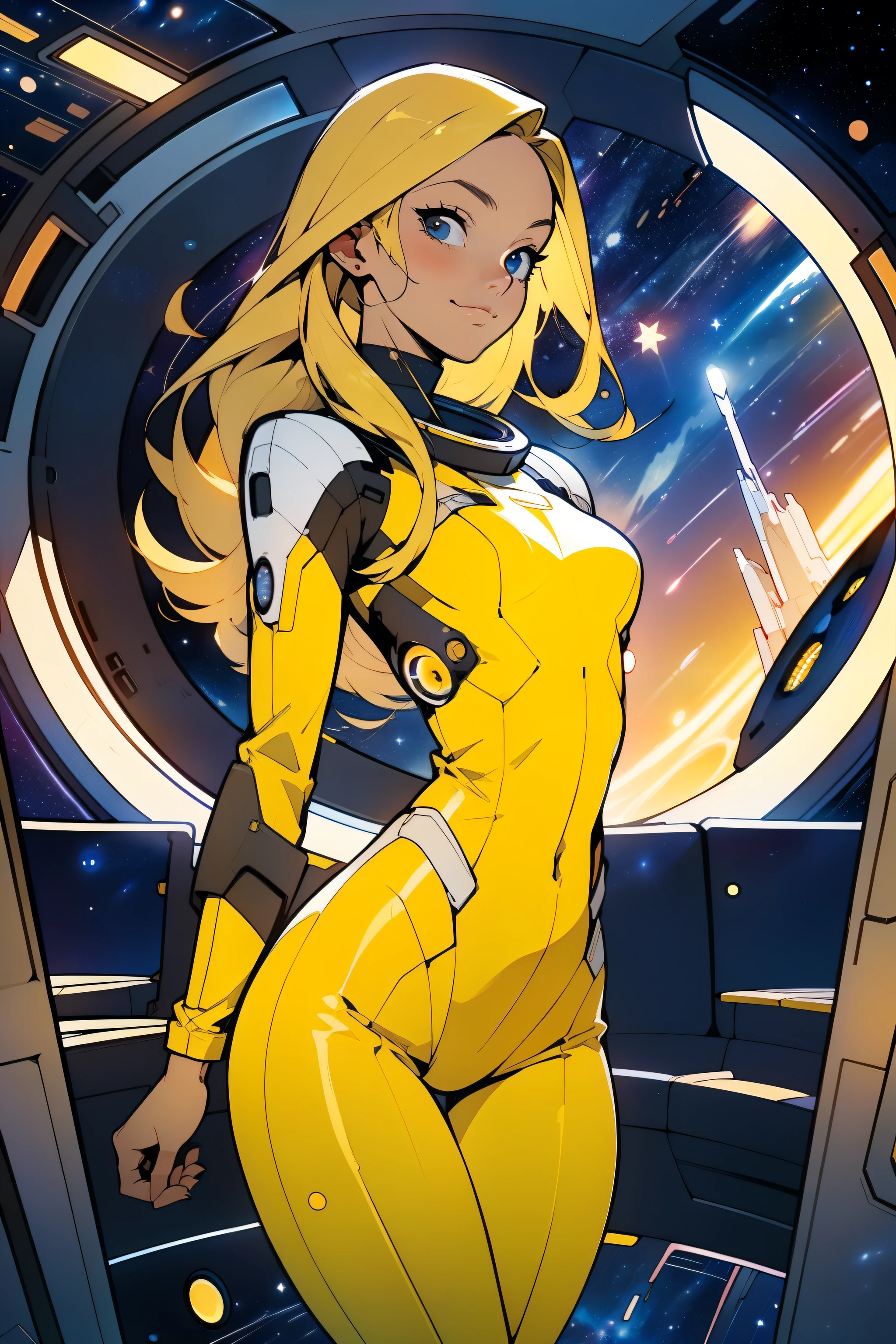 (masterpiece, best quality:1.2), (cowboy shot:1.1), solo, 1girl, mori yuki, slight smile, closed mouth, nearly frontal view, looking at viewer, blonde hair, long hair, thigh gap, yellow bodysuit, skin-tight, perfect body, large window, (starship porthole:1.3), (spread legs:1.0), (standing:1.1), thigh gap, sensual pose, sideview, perfect hands, bright starship interior, (outer space view:1.1), (orbital view:1.3), (night, stary sky:1.5), milky way