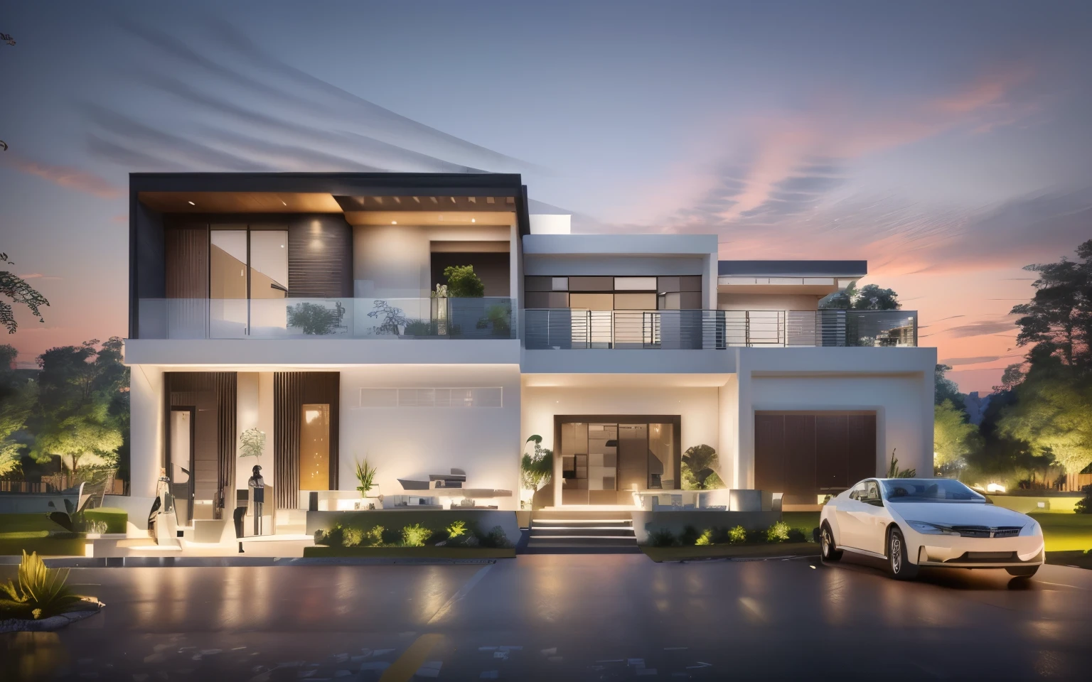 a rendering of a modern house , Contemporary House, Overall architectural design, modern house, Exterior design, large modern residence, concept house, modern neo traditional, realistic architecture, modern style, Modern Architectural Design, Realistic style, Realistic 3D style, architectural rendering, modern neo traditional minimalist, Housing design, one house, Somboon House,Parking, balcony , deck , The limestone hill behind,4K,FULL