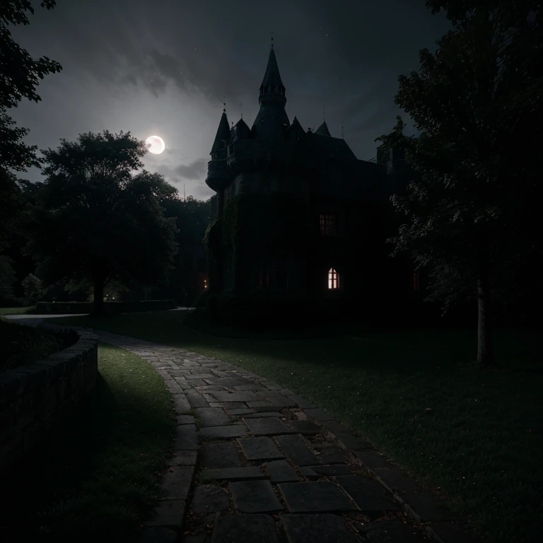 An ominous, moonlit path leading towards a mysterious castle hidden amidst dense trees, with shadows lurking in the corners, hinting at the secrets within.
