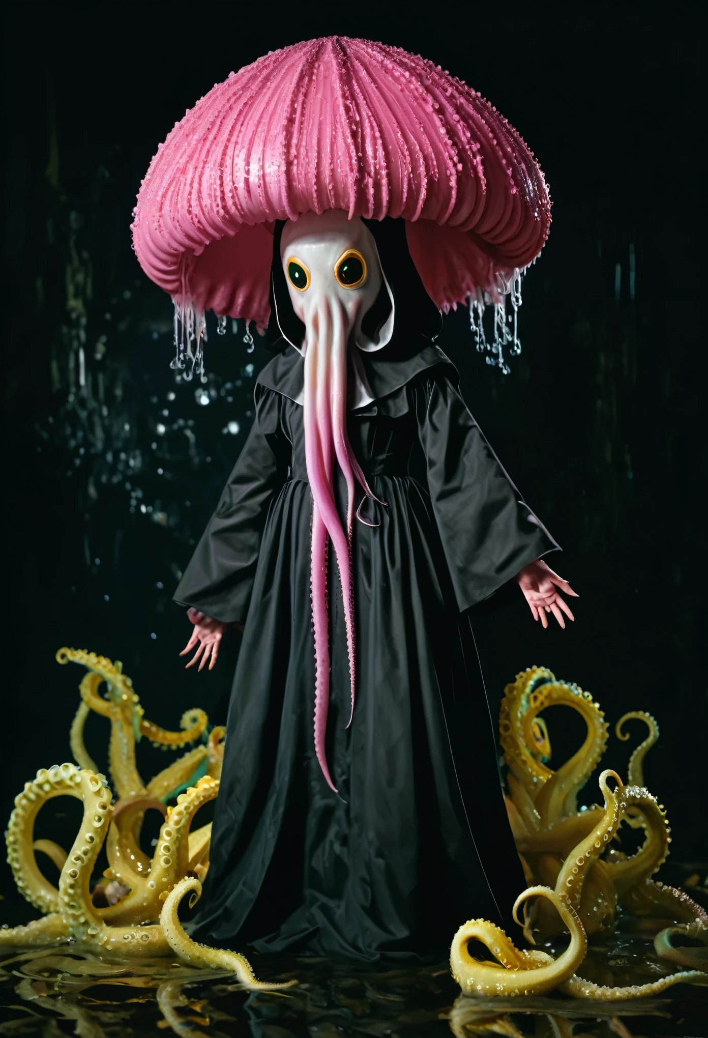 8K, ARTISTIC photogrAphy, best quAlity, mAsterpiece: 1.2), A (potrAit:1.2) witch BLOOD Toon Doll Cthulhu nun QUEEN, EYES, PINK many octopus style tentacles, full body RAW candid cinema, yellow hair, 16mm, color graded portra 400 film, remarkable color, ultra realistic, sad admosphere, dark lighting, oppressive atmosphere, depressive colors, kodak portra 400, photograph,r, Natural Light, Pinhead lighgts, blur reflection, Brush Strokes, Smooth, abstract, Splatter, Oil On Canvas, rainbow colors, fractal isometrics details bioluminescens : a stunning realistic photograph of wet bone structure, 3d render, octane render, intricately detailed, titanium decorative headdress, cinematic, trending on artstation | Isometric | Centered