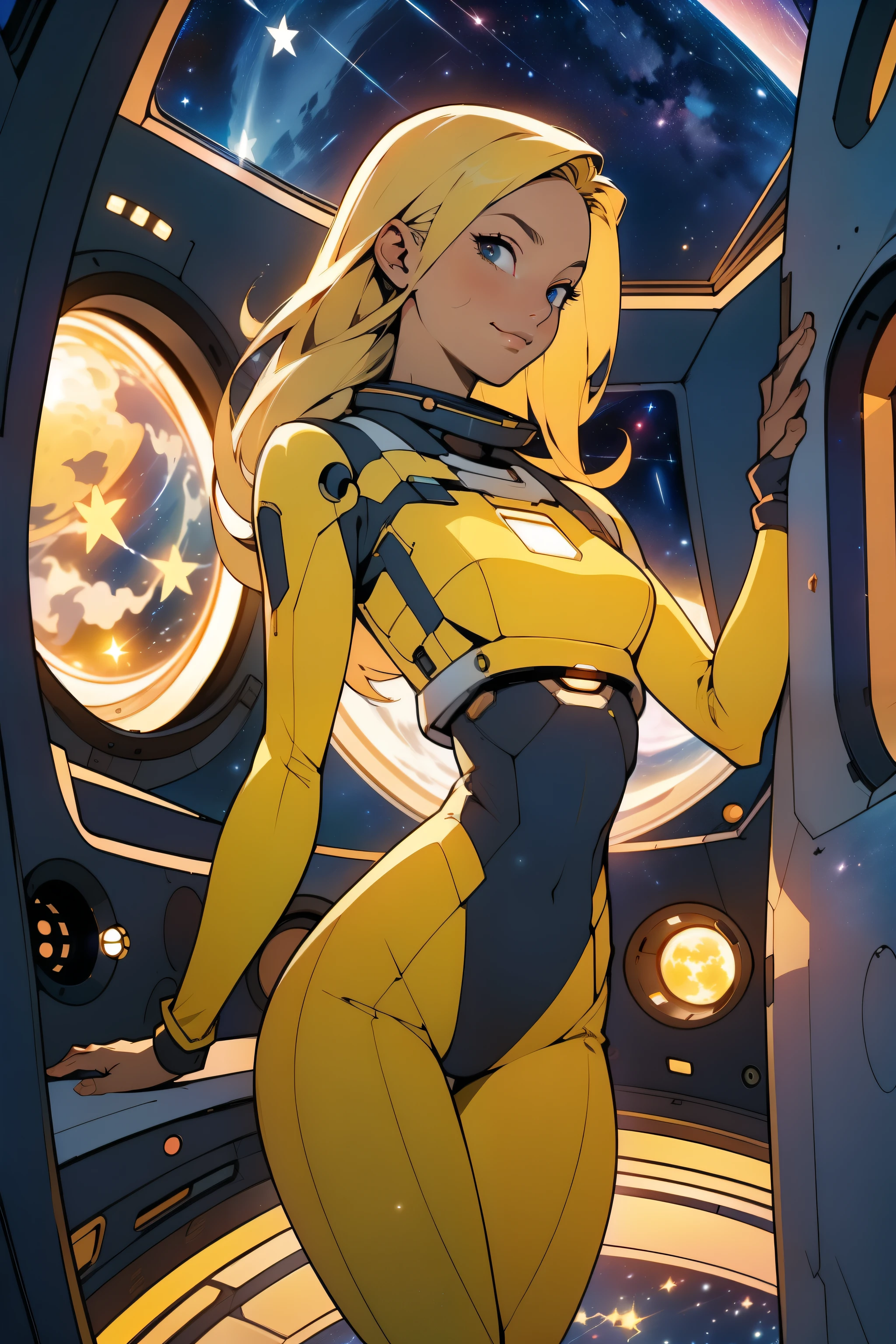 (masterpiece, best quality:1.2), (cowboy shot:1.1), solo, 1girl, mori yuki, slight smile, closed mouth, nearly frontal view, looking at viewer, blonde hair, long hair, thigh gap, yellow bodysuit, skin-tight, perfect body, large window, (starship porthole:1.3), (spread legs:1.0), (standing:1.1), thigh gap, sensual pose, sideview, perfect hands, bright starship interior, (outer space view:1.1), (orbital view:1.3), (night, stary sky:1.5), milky way
