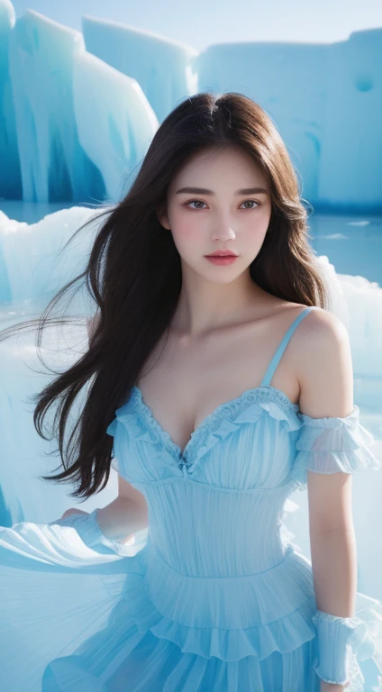 Super exquisite illustrations, Extremely cute and beautiful,Girl in perfect shape, underwear,Very detailed and beautiful face and eyes, Look at the audience, Cowboy shooting, Beautiful long hair, Solitary, Dynamic Angle, Beautifully detailed ruffled ice skirt, Ice castle in the background, Blue tint