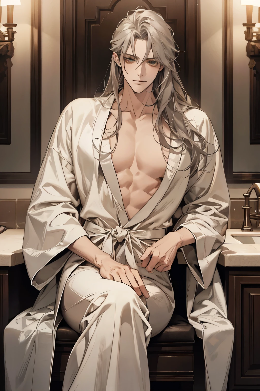 1boy, 1man, duo, super fine illustration, best quality, steam punk, luxurious hotel suite, king-size bed,young adult, black hair, blue eyes, silver hair, green eyes, handsome,peaceful sleeping, rose petals, soft lighting, serene expressions, window light, intimate,full-face blush, Naked a bathrobe,shut one's eyes,NSFW malleus draconia (twisted wonderland) horns, bishounen, boy, male, yana Toboso style, long hair, black hair, yellow green eyes, smile, gray lips, handsome, skinny, tall, yellow green glow,