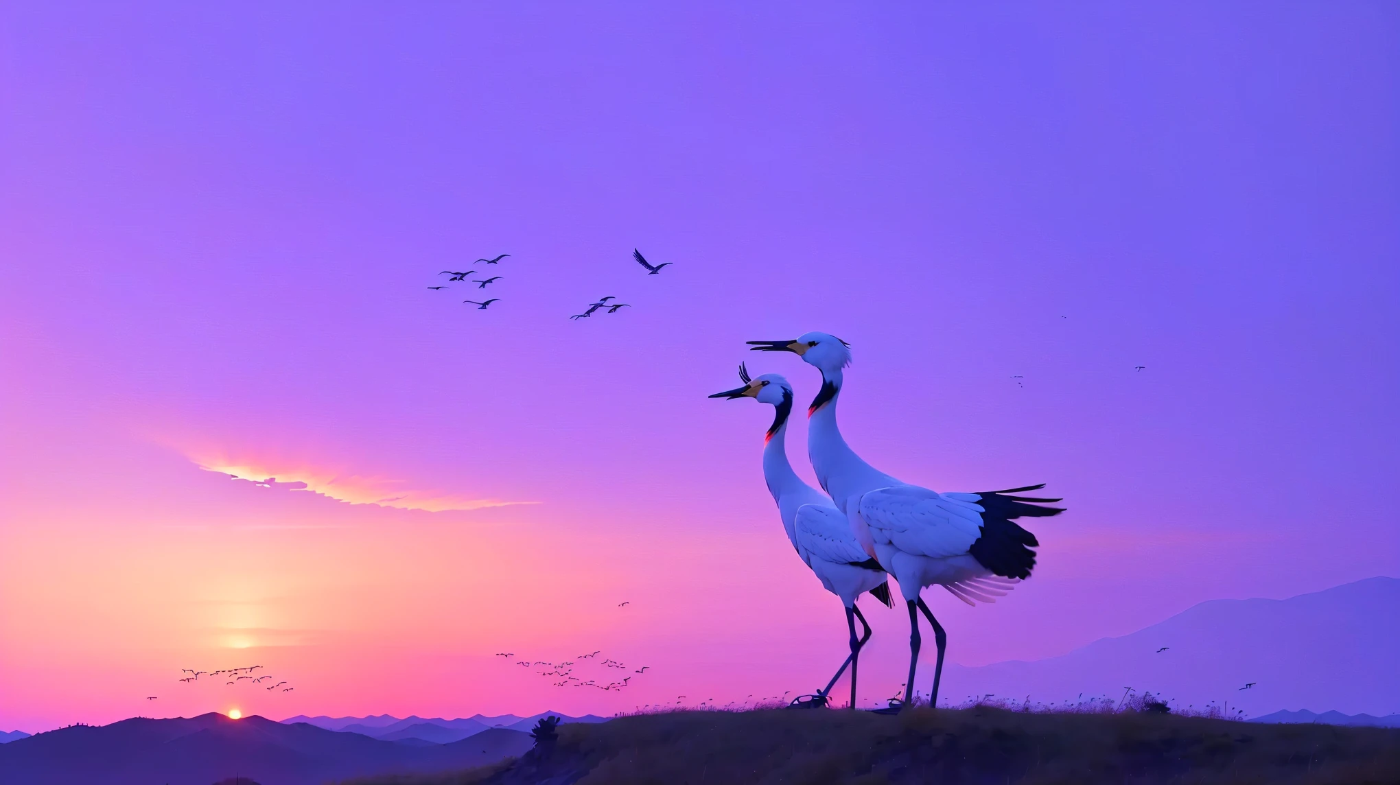 Sunset,Two birds standing on the hill, japanese crane bird in center, two cranes flying across the sun, cranes, very beautiful picture, crane, beautiful picture, At sunrise, Beautiful and spectacular sunset, Beautiful and graceful, Quiet and beautiful, helicopters and tremendous birds, and great birds, very beautiful and elegant, Sunset, Nature documentary stills
