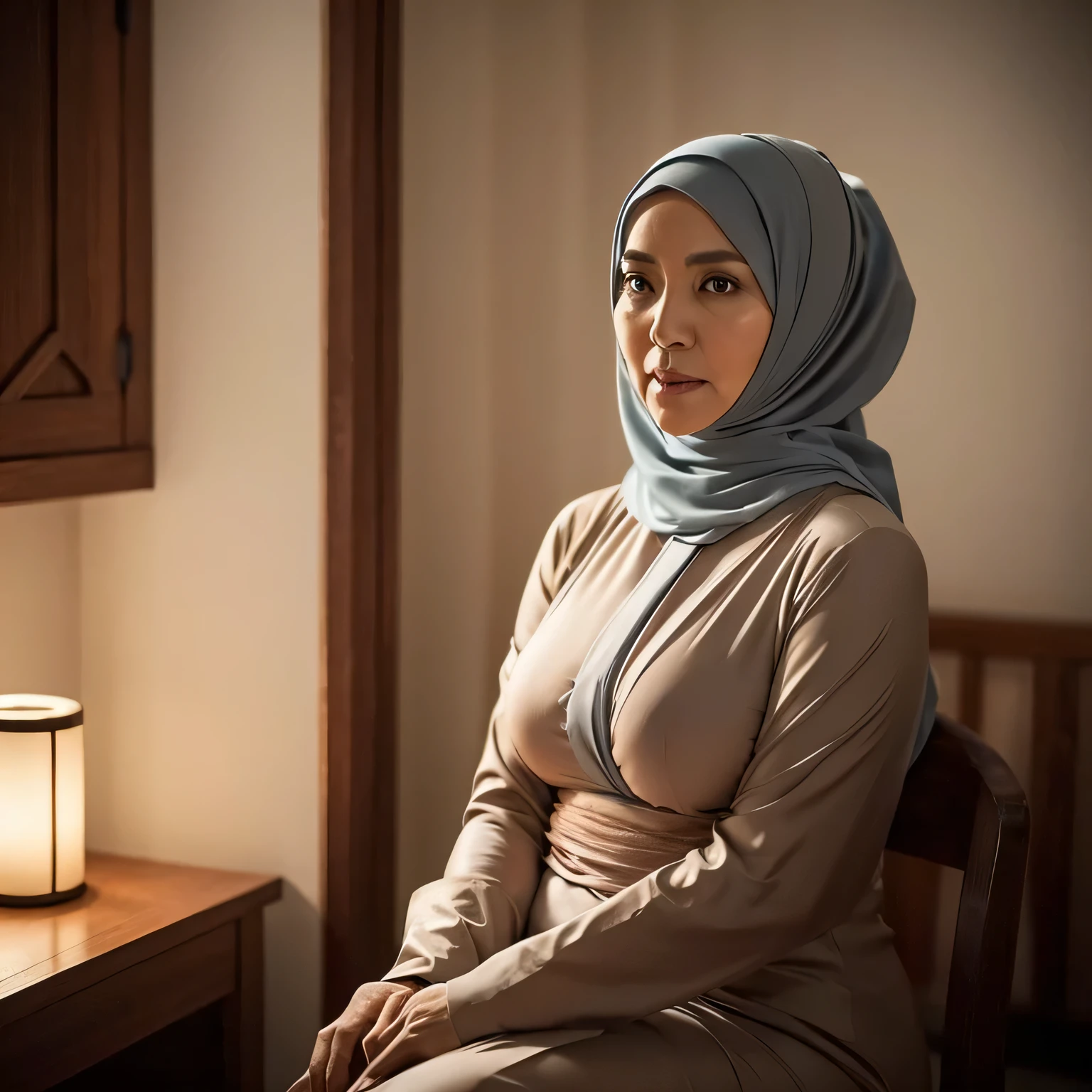 A 50-year-old Hijab Indonesian mature woman with a curvaceous figure, her big breasts measuring 66.9 cm, peeked out from her clothes by 1.9 inches as she nervously waited at the doctor's office. The dimly lit room was bathed in darkness, adding a sense of mystery to her presence. The nighttime hush enveloped her, and her eyes gleamed with a quiet determination as she sat there, wrapped in her traditionally modest attire.