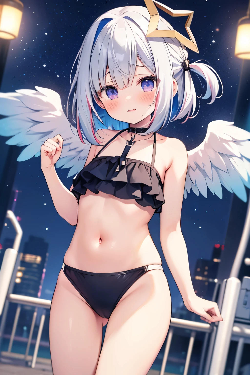 super high quality,Amane Kanata,Cute black swimsuit。。Place your hand on your stomach。,Slender body,Small breasts,whole body。short hair,About play equipment,tears。night